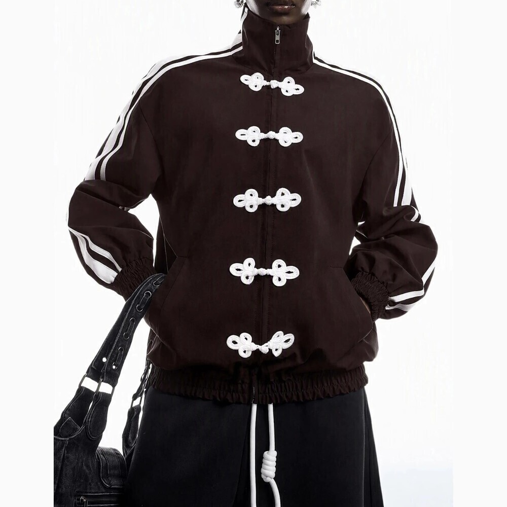Dark Brown Frog Button Contrast Stripe Lightweight Oversized Track Jacket